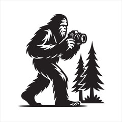 Fototapeta premium Black and white silhouette of Bigfoot (Yeti) crouching slightly while focusing with a camera, surrounded by evergreen trees
