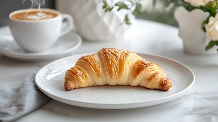 **Golden Flaky French Croissant Served On A White Plate With A Steaming Cup Of Espresso, Elegant Café-Style Setup Perfect For Breakfast Menu Or French Bakery Ad --Ar 16:9 --S 240** - @Darya (Relaxed)