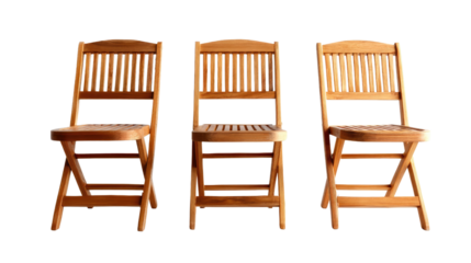 Wooden Folding Chairs: Three pristine wooden folding chairs with a natural finish stand neatly in a row, ready for a relaxing gathering.