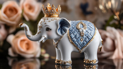 Ornate White Elephant Figurine with Crown