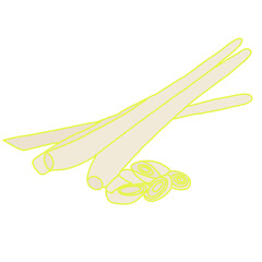 image depicts several stalks of lemongrass, some whole and some sliced
