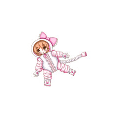 a cartoon cute astronaut girl floating.