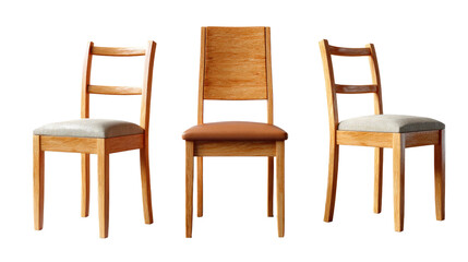 Three Wooden Chairs: A set of three elegant wooden chairs with different fabric seat cushions, showcasing simple design and natural wood grain.