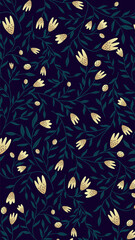 Floral seamless pattern. Dark background with golden flowers and green leaves.