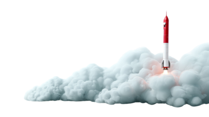 Rocket Ascent: A vibrant rocket ship pierces the atmosphere, propelled by billowing clouds of smoke and steam, symbolizing innovation and ambitious exploration. 