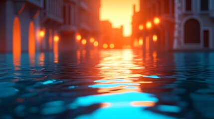 Fototapeta premium Vibrant sunset reflecting on tranquil waters, colorful cityscape, serene atmosphere, perfect for relaxation and inspiration.