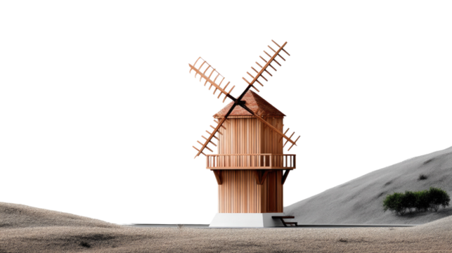 Windmill in the Hills: An eye-level, rustic windmill gracefully sits atop a small hill under a clear sky, exuding historical charm and a sense of tranquility.