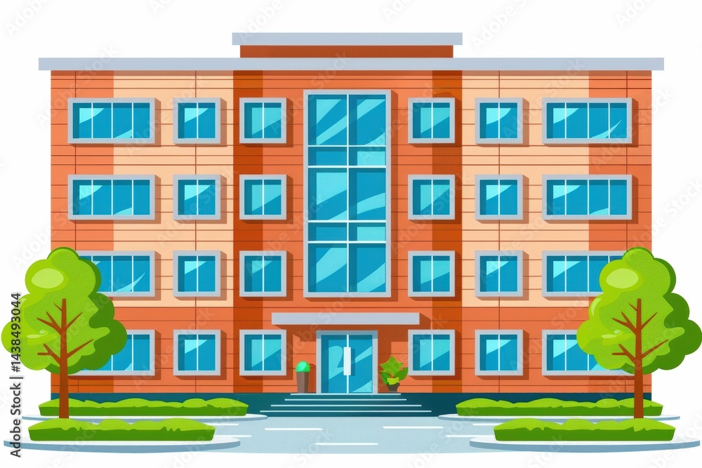 Poster modern building with large windows and surrounding greenery.
