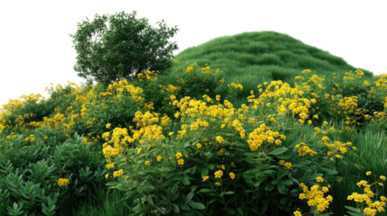 Rolling Green Hillock Blossoms: A vibrant spring scene with a lush green hillock awash in the beauty of blooming yellow flowers, embodying renewal and the earth's splendor.