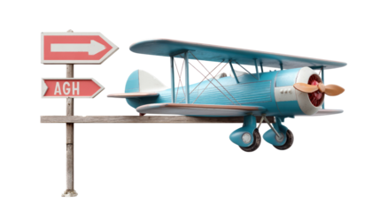 Vintage Biplane with Directional Signs: A charming vintage biplane, painted in a refreshing palette of blue and white, is accompanied by a set of directional signs, ready for a journey.