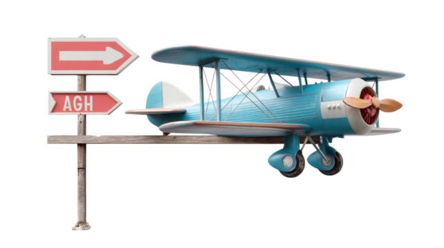 Vintage Biplane with Directional Signs: A charming vintage biplane, painted in a refreshing palette of blue and white, is accompanied by a set of directional signs, ready for a journey.