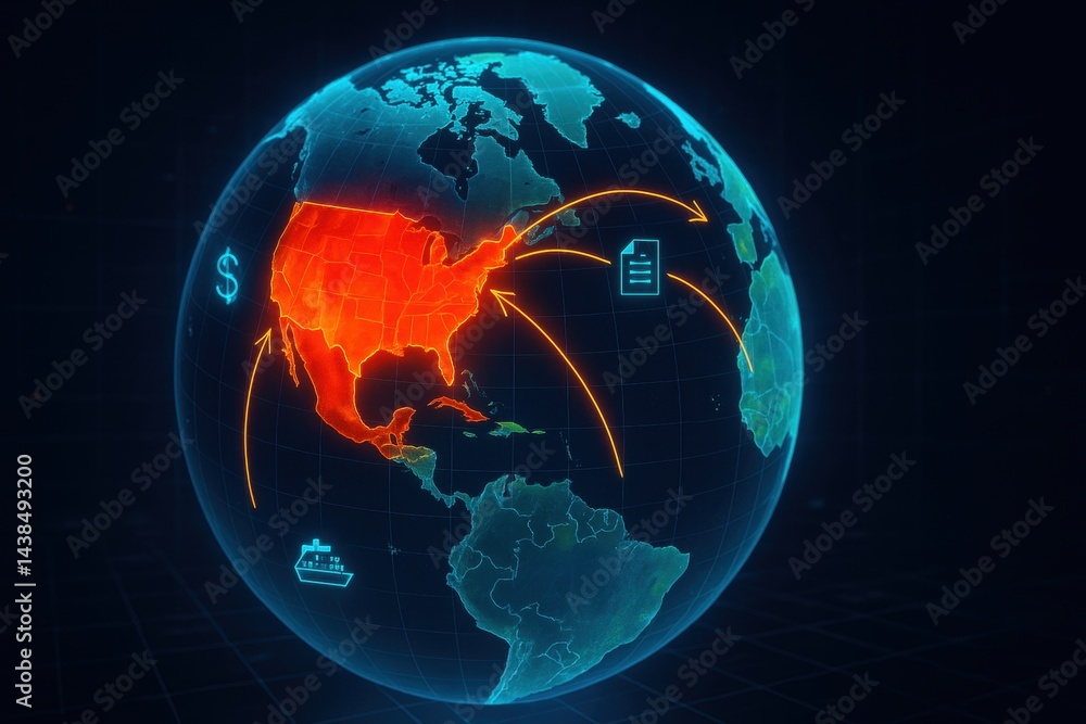 Aufkleber global trade routes and digital communication converge on a luminous globe, emphasizing interconnect