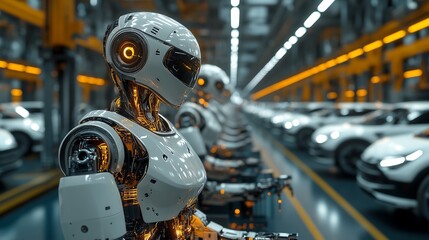 Fototapeta premium Humanoid Robot Working in a Futuristic Car Factory
