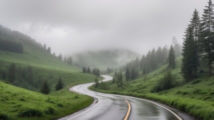 A winding, wet road meanders through a lush green landscape,