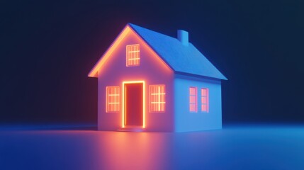 Neon Light House Model with Glowing Windows and Door in Dark Background