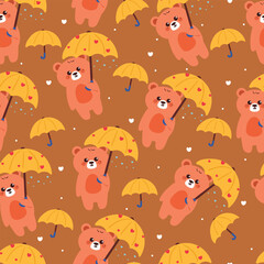 Fototapeta premium seamless pattern cute cartoon bear with yellow umbrella and sky element. cute pattern for wallpaper and background