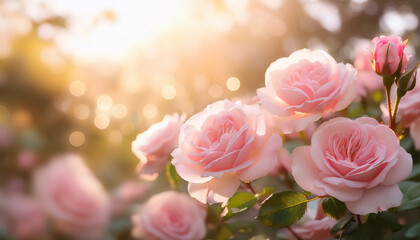 Fototapeta premium floral background with pastel pink roses at sunny bokeh background banner