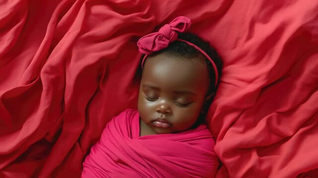 Sleepy baby with pink swaddle and red blanket on a soft bed