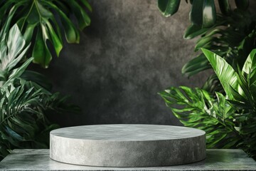 Gray stone podium surrounded by lush tropical plants