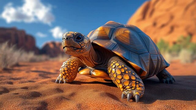 A determined tortoise makes its way across a vast desert landscape, its weathered shell a testament to resilience, under a brilliant blue sky.