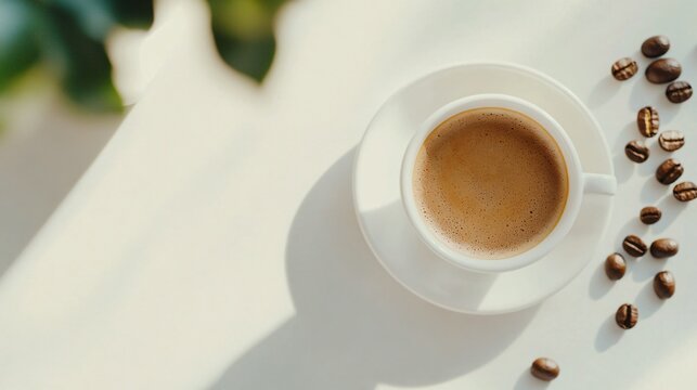 Coffee cup surrounded by coffee beans, warm tones, inviting atmosphere, perfect for cafe-related content or cozy moments.
