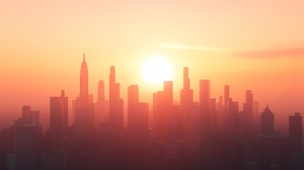Fototapeta premium Sunrise over city skyline, silhouettes of tall buildings against vibrant hues of orange and pink, tranquil morning ambiance.