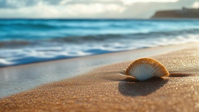 Beautiful seashell left on sandy beach at sunset.