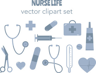Medical Nurse Icons Vector Clipart Bundle halftone stethoscope thermometer syringe scissors pills