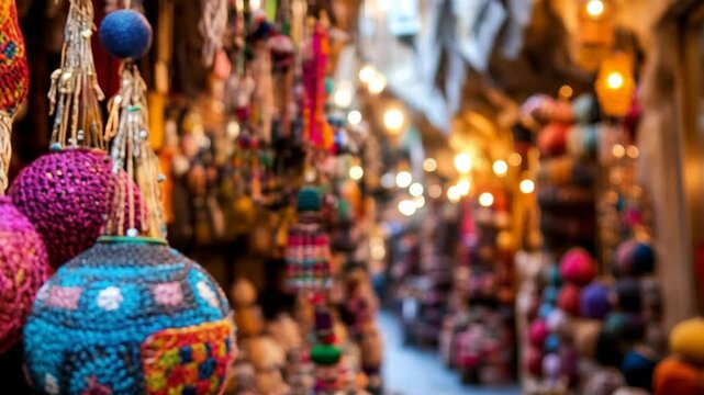 Colorful handcrafted goods hang inside a vibrant marketplace under soft lighting with a blurred background, creating a warm bazaar atmosphere.