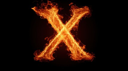 Fiery X letter, black background, abstract design, graphic element