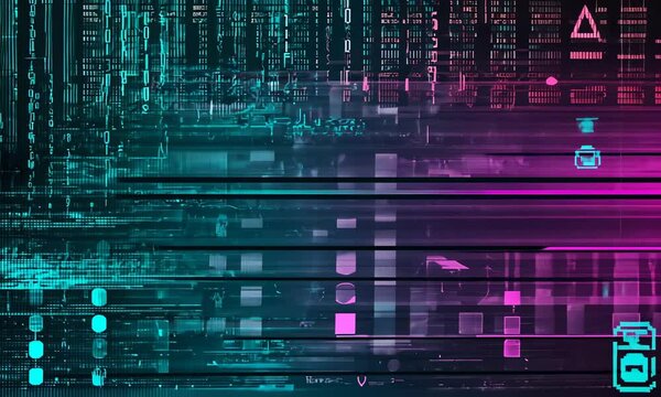 Technical difficulties screen glitchy computer symbols pixelated graphics and frozen screen effects evoking a retro tech look