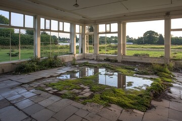 Fototapeta premium An old structure decays with sunlight and plants slowly taking over the space inside
