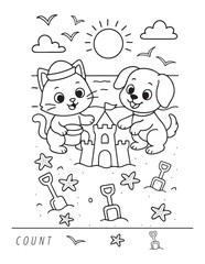 Cute playful cat and dog on a beach vacation, color and count worksheet for preschool kindergarten