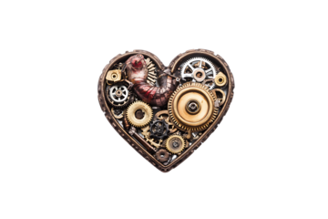 Steampunk heart made of gears and mechanical parts, transparent background