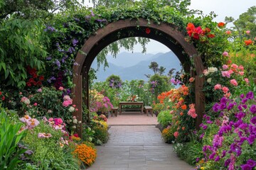 Fototapeta premium Scenic garden archway with vibrant blooms
