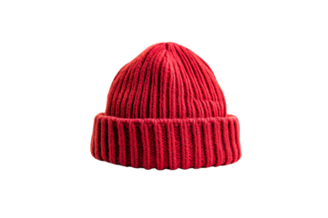Red knit beanie hat with ribbed texture, transparent background