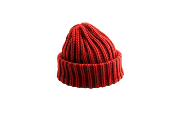 Red knit beanie hat with ribbed texture, transparent background