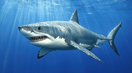 Fototapeta premium A shark cruising through a deep blue ocean with sun rays piercing through