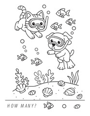 Cute playful cat and dog on a beach vacation, color and count worksheet for preschool kindergarten