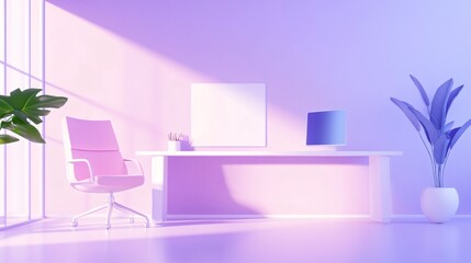 Modern workspace, minimalistic desk with plant, soft pastel colors and natural light, ideal for productivity and creativity.