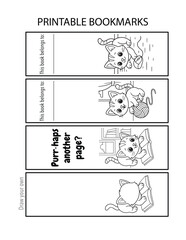 Cute vector printable bookmark bundle, playful cats kittens, elementary school kids, classroom task