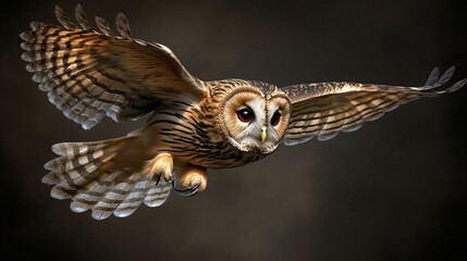 Owl in flight with spread wings, red eyes, against a blurred backdrop