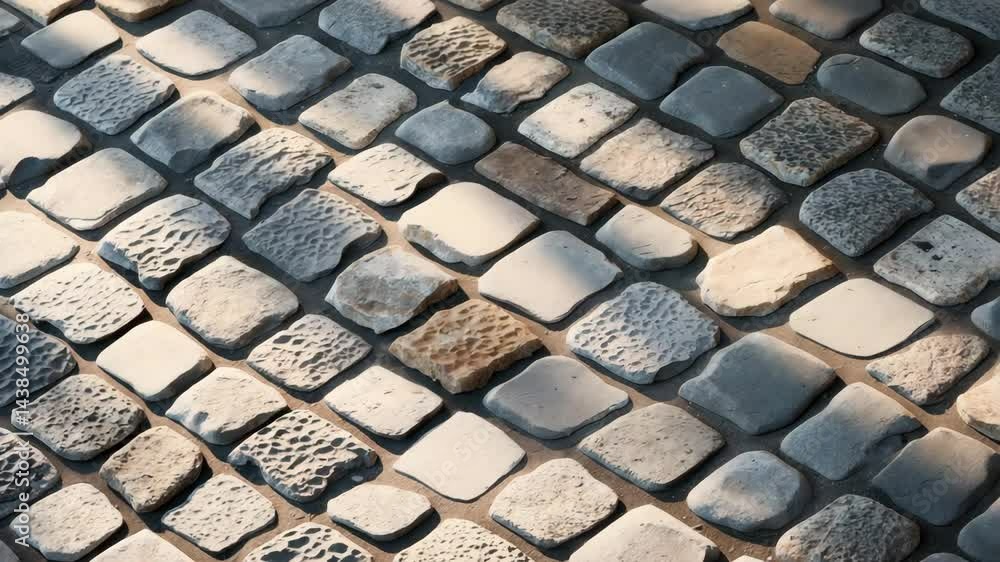 Poster an up-close look at cobblestone pavement exhibiting its natural texture and patterned geometry.