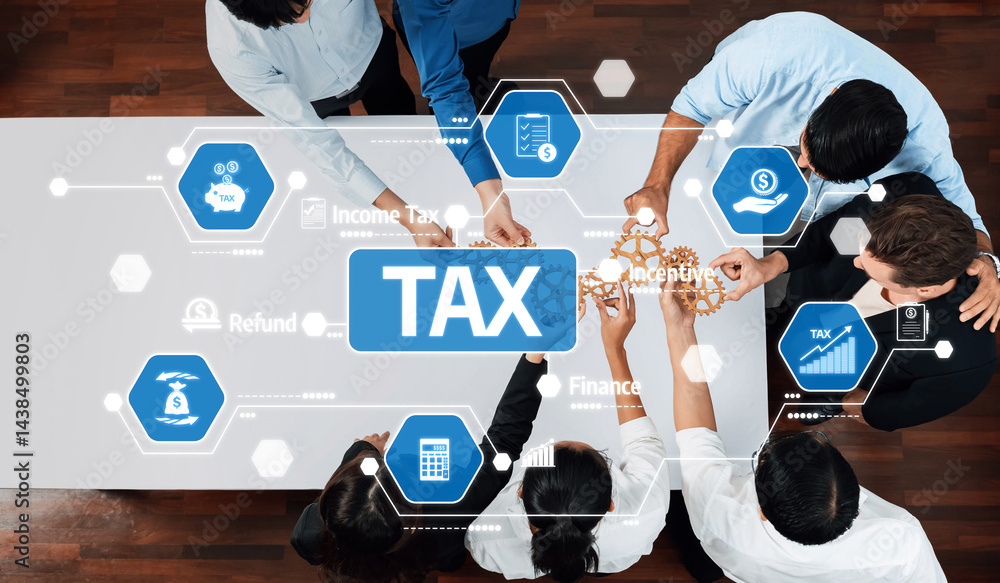 Poster a diverse business team collaborates at a meeting table, focusing on tax strategy and financial conc