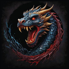 Molten Majesty: A Legendary Crimson Dragon Coiled in Lightning, Torn Metal Scales, Blazing Golden Eyes and Vivid Watercolor Fury on Black Canvas, Dragon T-shirt Vector Design.