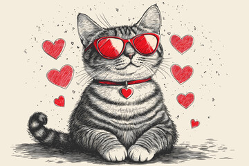 Black and white sketch of a sitting cat in red glasses, surrounded by red hearts.