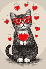 Black and white sketch of a sitting cat in red glasses, surrounded by red hearts.