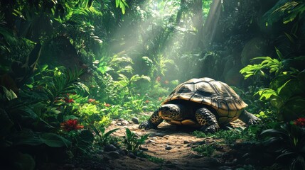 A turtle crawling across a forest floor surrounded by lush green plants