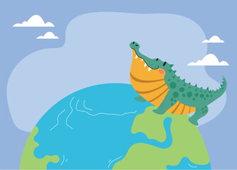 Crocodile character on Earth planet nature concept. Flat graphic design cartoon illustration