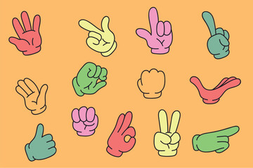 Colorful cartoon retro style character arms hands with different gestures. Flat graphic design cartoon illustration